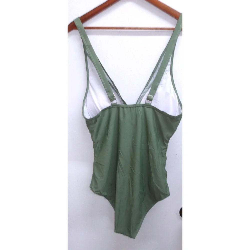 Olive Green One Piece Swimsuit Mesh Ruched V-Neck Swimwear Large‎ /#26612